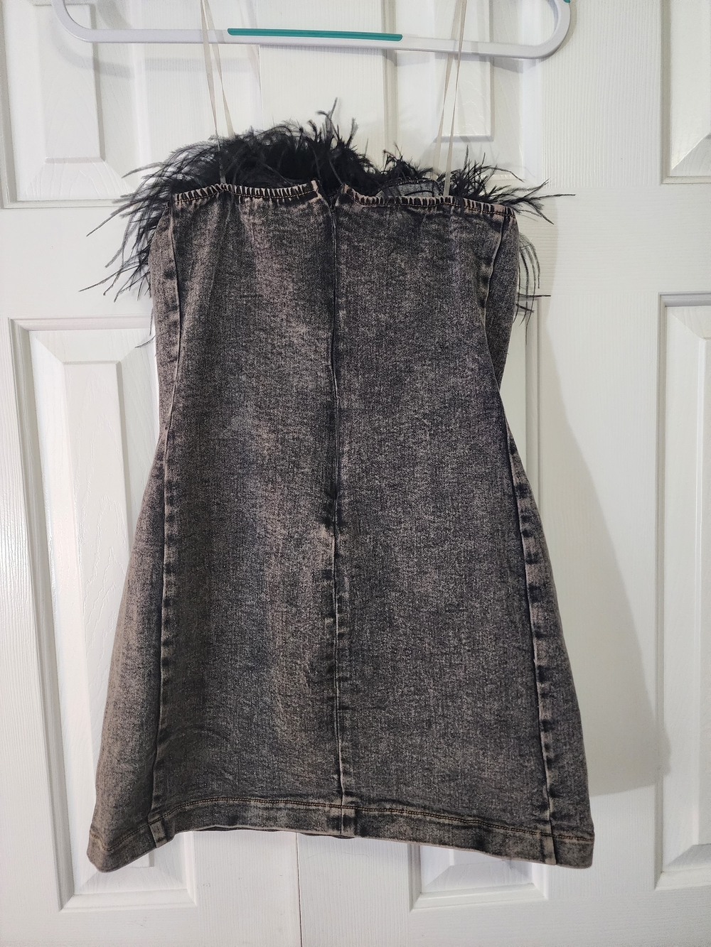 Salt Mini Dress Size Med. Y2K Goth Glam Gray Acid Wash Feather Trim - Picture 4 of 4